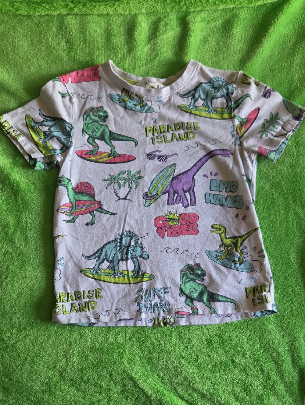 H&M White Kids Dino Surf Graphic Tee with Multicolor Print